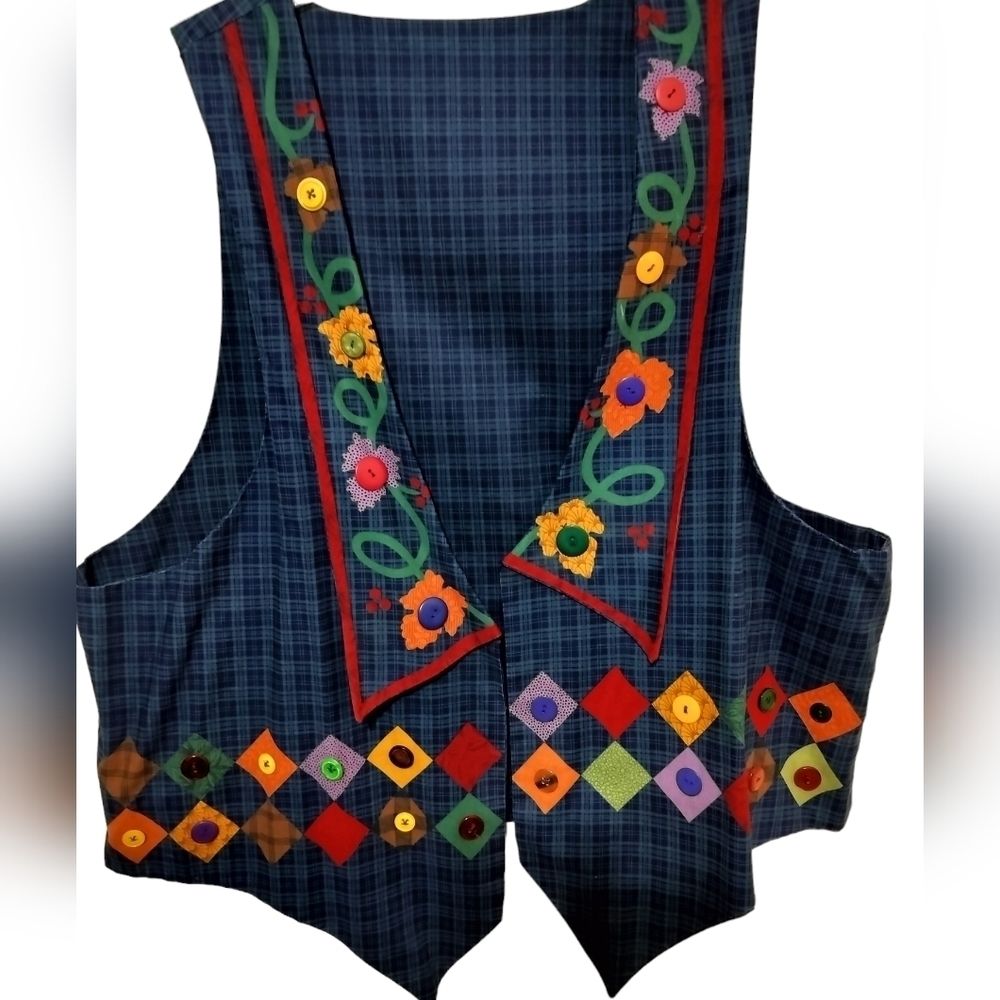 (1525) Vintage 90's Handmade Fall Harvest Plaid Vest - Picture 2 of 8